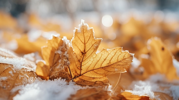 Foto gratuita hojas secas de otoño con nieve durante el comienzo del invierno