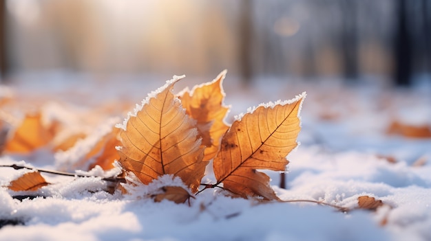 Hojas secas de otoño con nieve durante el comienzo del invierno