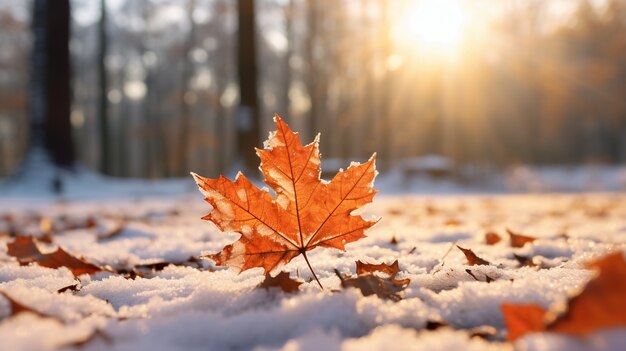 Hojas secas de otoño con nieve durante el comienzo del invierno