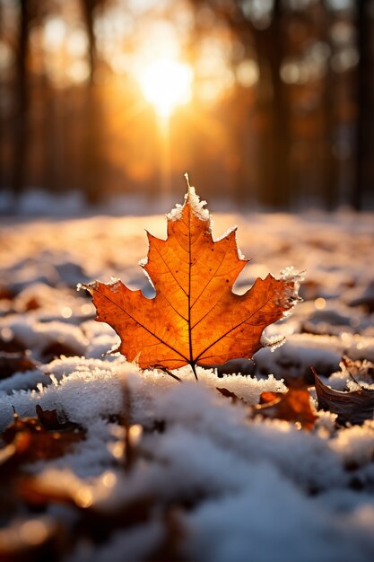 Hojas secas de otoño con nieve durante el comienzo del invierno