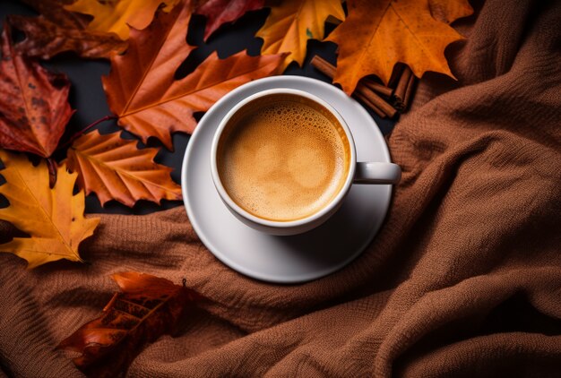 Hojas secas de otoño con taza de café