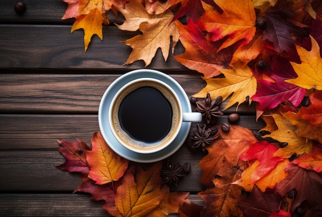 Foto gratuita hojas secas de otoño con taza de café