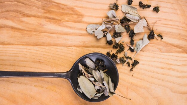 Hojas de té secas orgánicas en un cucharón sobre fondo de madera