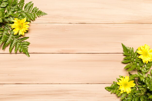 Hojas verdes de helecho y flores amarillas en superficie de madera