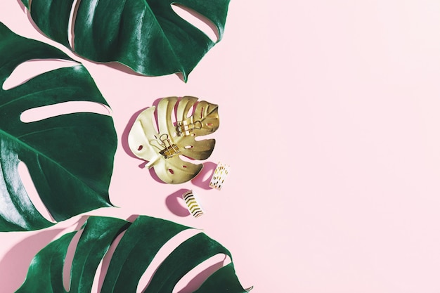 Hojas verdes de monstera con puntales de oficina en color rosa.