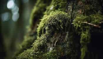 Foto gratuita hojas verdes en el tronco de un árbol húmedo en el bosque generado por ia