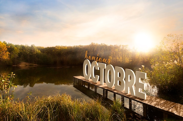 Hola paisaje de octubre con río y puente.