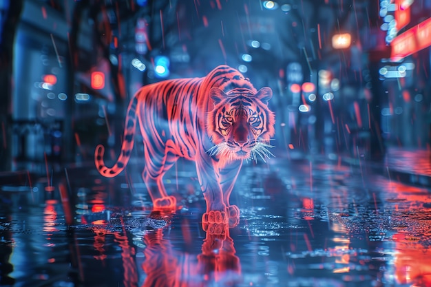 Foto gratuita holograma de neón de un tigre