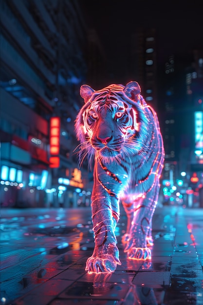 Foto gratuita holograma de neón de un tigre