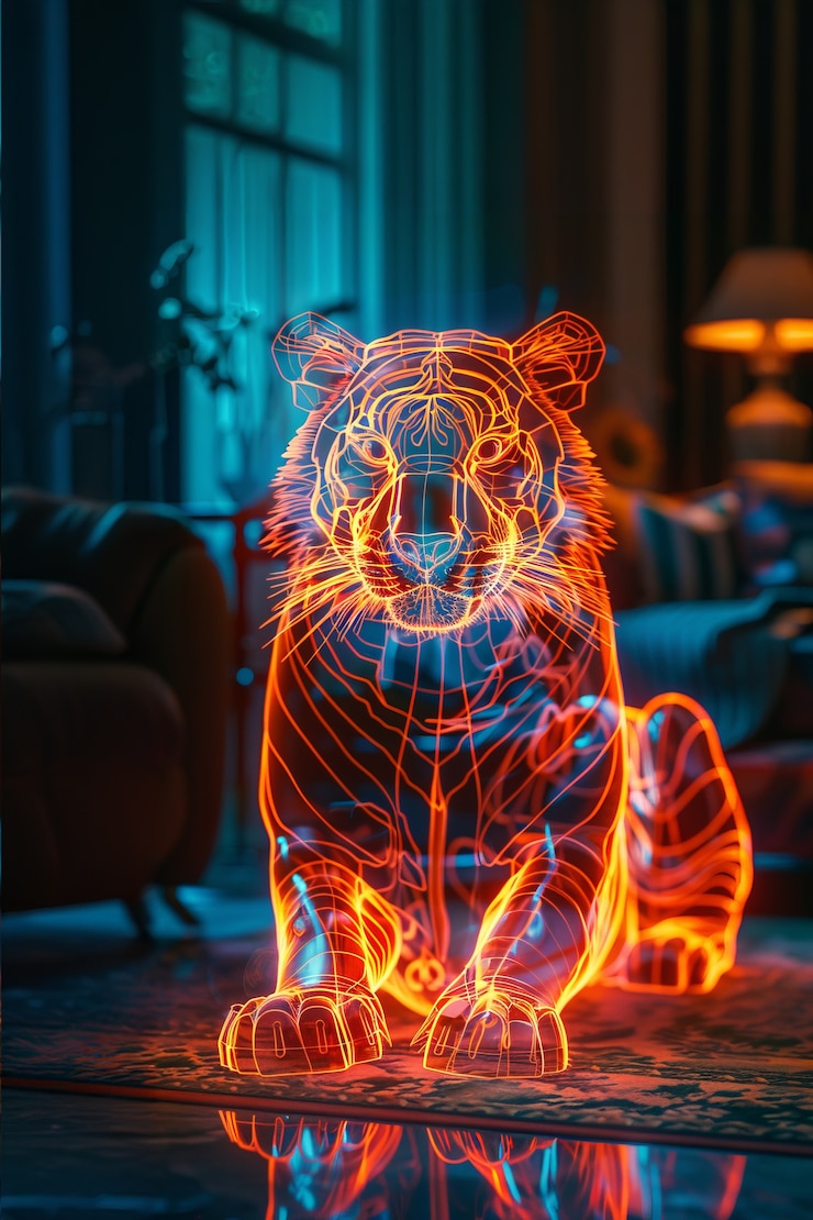 Foto gratuito holograma de neón de un tigre