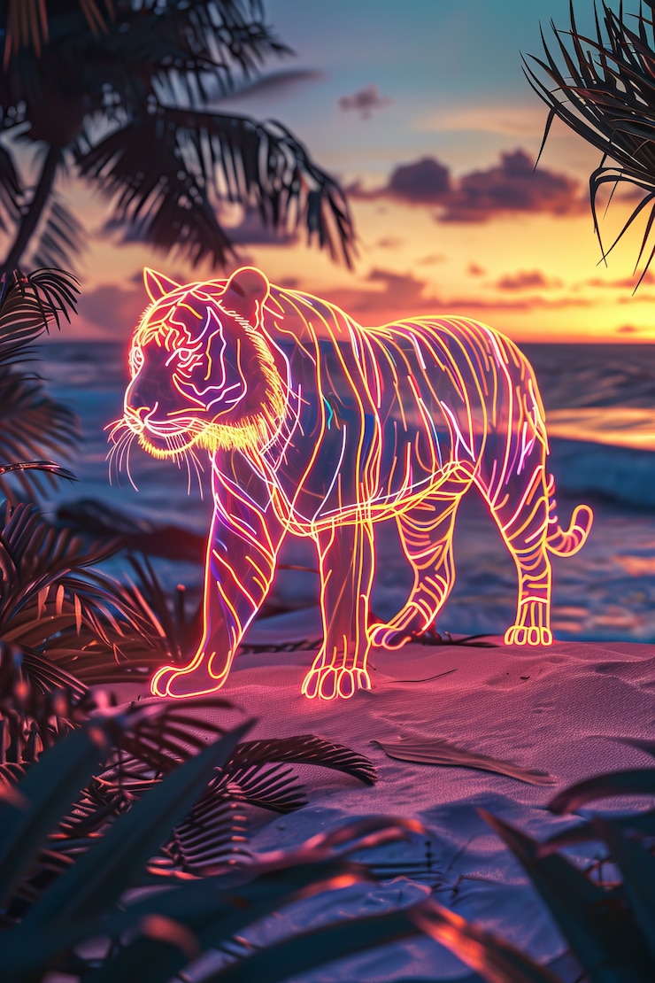 Foto gratuito holograma de neón de un tigre