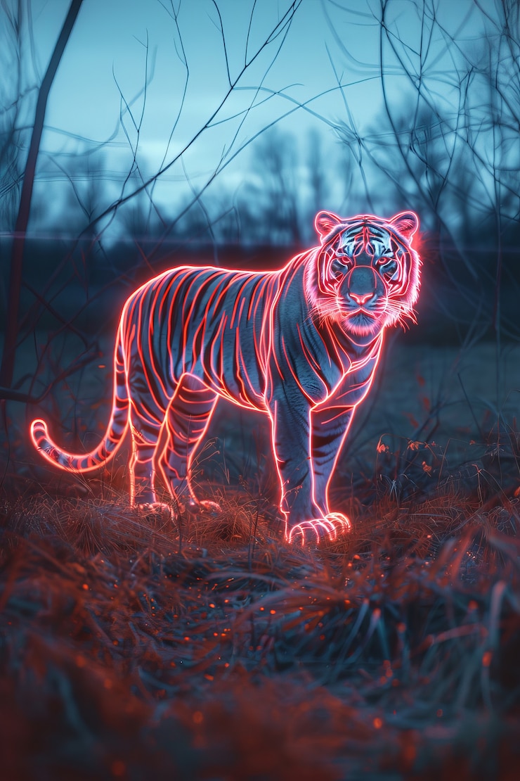 Foto gratuito holograma de neón de un tigre