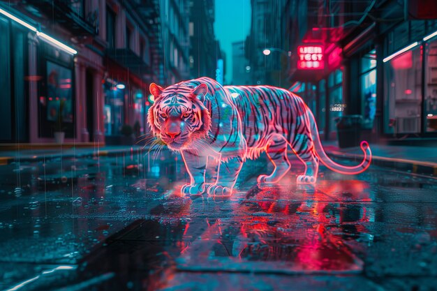 Foto gratuita holograma de neón de un tigre