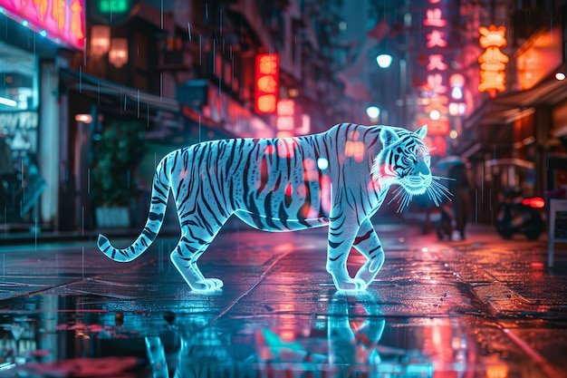 Foto gratuita holograma de neón de un tigre