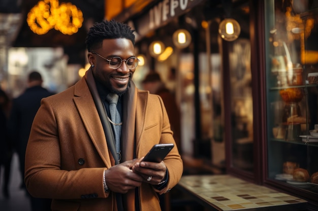 Foto gratuita un hombre con un abrigo sonriendo desde el trabajo lee un mensaje en la pantalla del teléfono inteligente, copia el espacio para el concepto