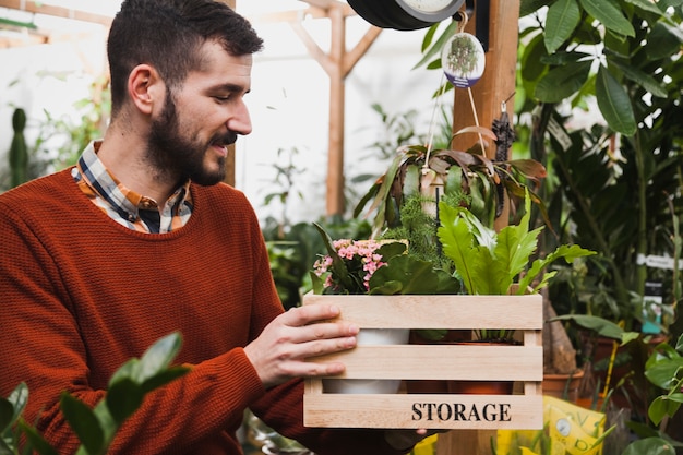 Hombre admirando plantas en caja