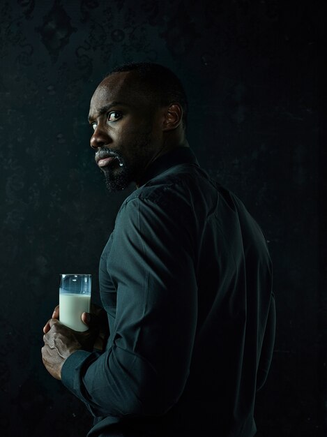 Hombre africano joven sano que sostiene la taza de leche sobre un fondo negro del estudio.