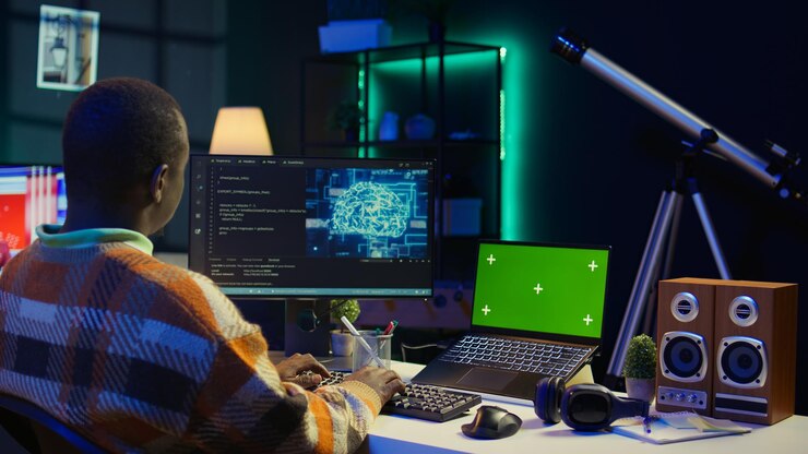 Foto gratuito hombre afroamericano que usa ia para desarrollar un sistema de software con llave chroma en la pc