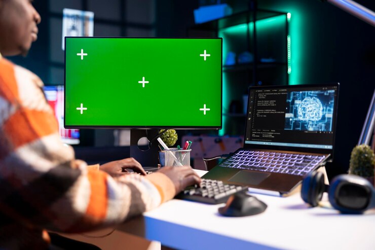 Foto gratuito hombre afroamericano que usa ia para desarrollar un sistema de software con llave chroma en la pc
