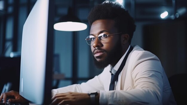 Hombre afroamericano trabajando en una computadora creada con tecnología de IA generativa