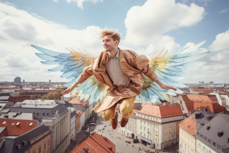 Foto gratuito hombre con alas volando