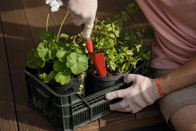 Hombre de alto ángulo cuidando la planta