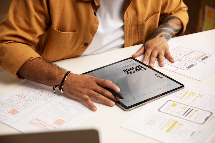 Foto gratuito hombre de alto ángulo trabajando con tableta