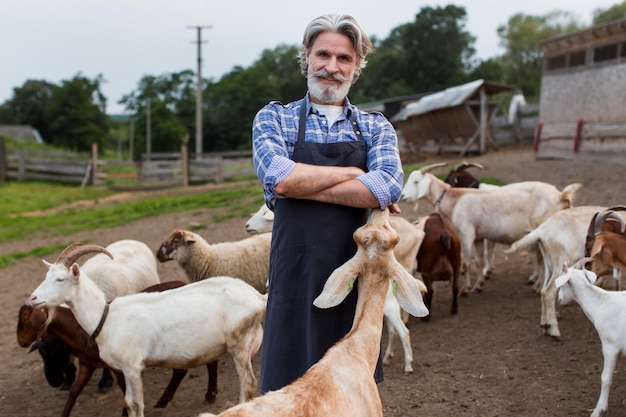 Hombre de ángulo bajo alimentando cabras