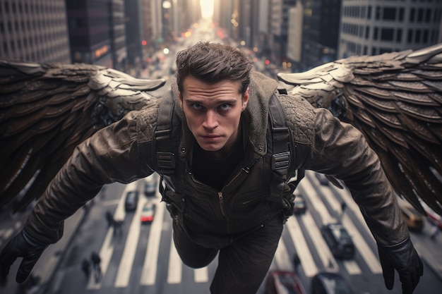 Foto gratuita hombre de ángulo alto con alas volando