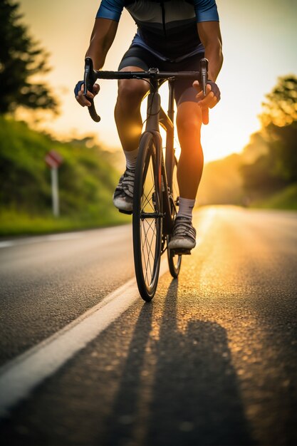 Hombre de ángulo bajo montando bicicleta al aire libre