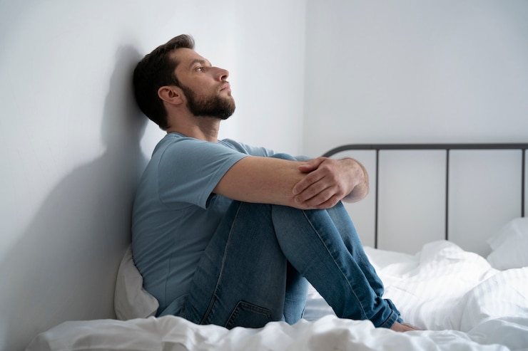 Foto gratuito hombre ansioso de tiro completo sentado en la cama