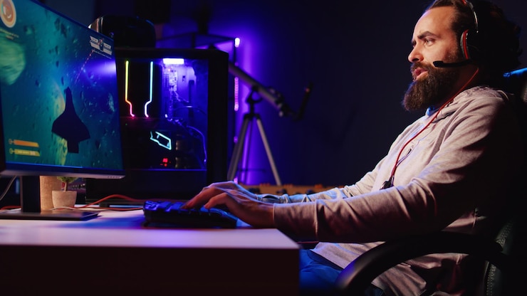 Foto gratuito hombre en un apartamento iluminado con neón jugando a un videojuego de un solo jugador con una nave espacial disparando balas láser