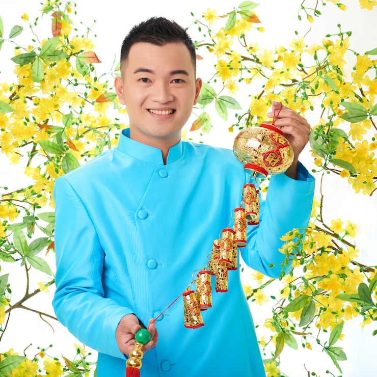 Foto gratuito hombre asiático en chaqueta tradicional posando con linterna colorida, rodeada de flor de mimosa