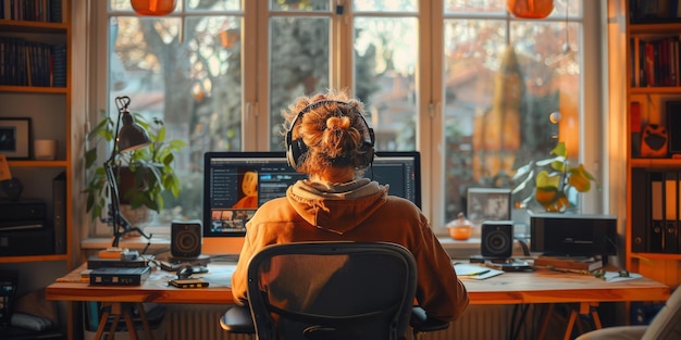 Un hombre con auriculares se sienta en un escritorio frente a una computadora