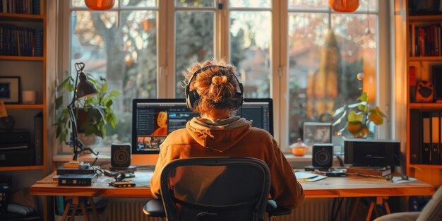 Un hombre con auriculares se sienta en un escritorio frente a una computadora