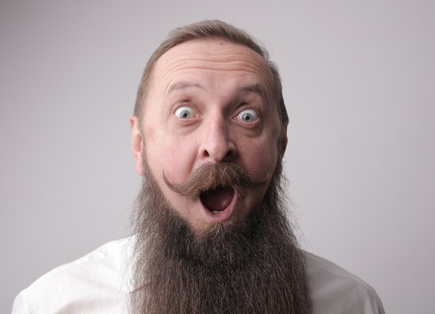 Hombre con barba y bigote actuando sorprendido mientras está de pie frente a una pared gris