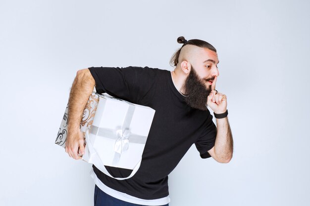 Hombre con barba sosteniendo una caja de regalo azul blanca apuntando su boca y pidiendo silencio.