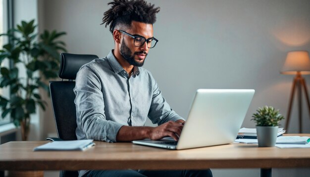 Un hombre con barba usando una computadora portátil.