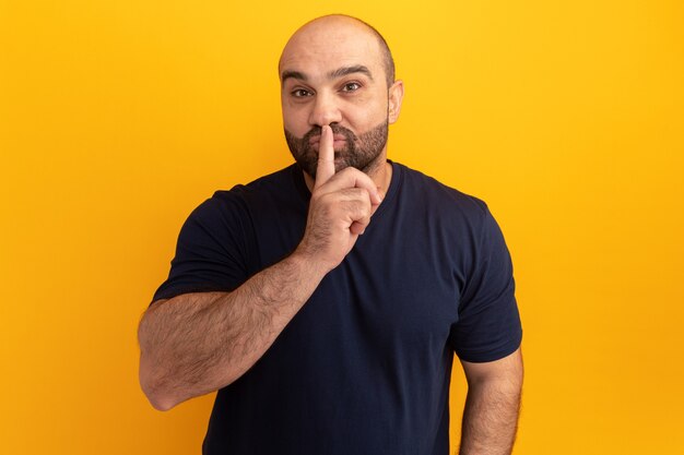 Hombre barbudo en camiseta azul marino haciendo gesto de silencio con el dedo en los labios de pie sobre la pared naranja