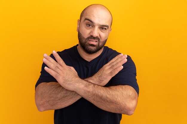 Hombre barbudo en camiseta azul marino con rostro serio cruzando las manos haciendo gesto de parada de pie sobre la pared naranja