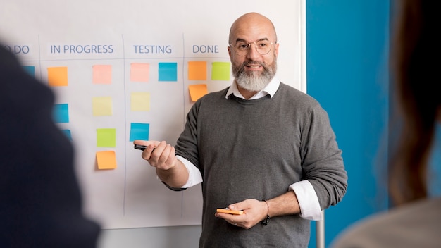 Hombre barbudo que presenta plan de negocios