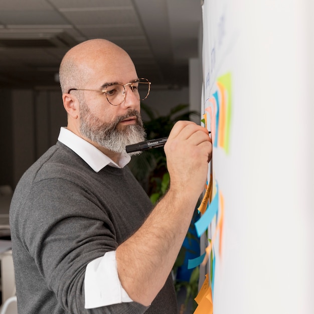 Hombre barbudo que presenta plan de negocios