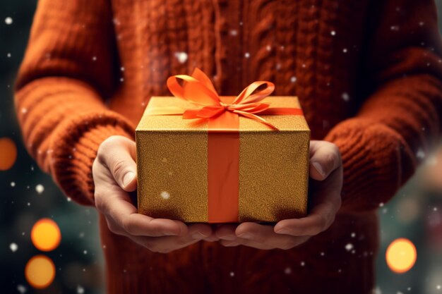 Un hombre con una caja de regalos con un suéter cálido para las vacaciones de invierno