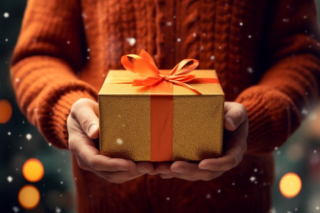 Un hombre con una caja de regalos con un suéter cálido para las vacaciones de invierno