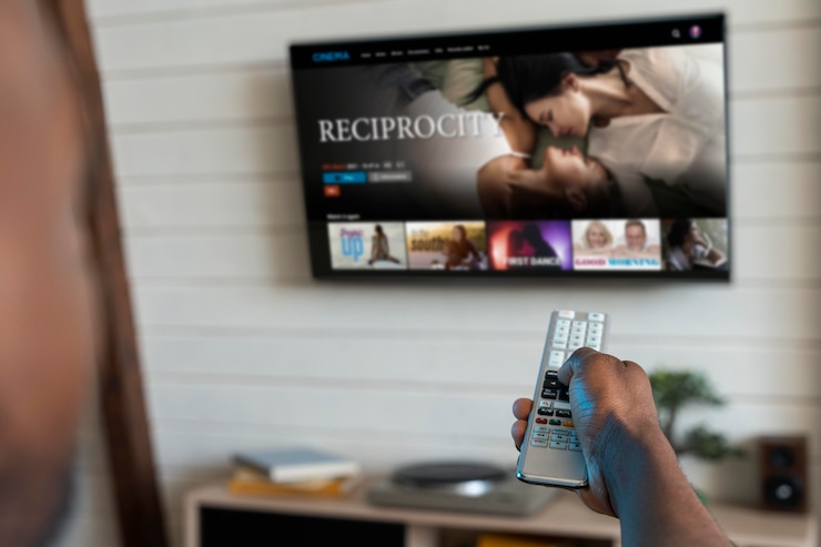 Foto gratuito hombre cambiando la película en servicio de streaming
