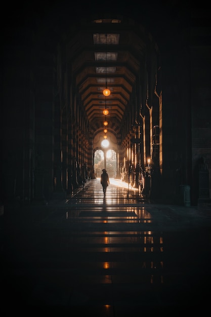 Hombre caminando por la calle durante la noche