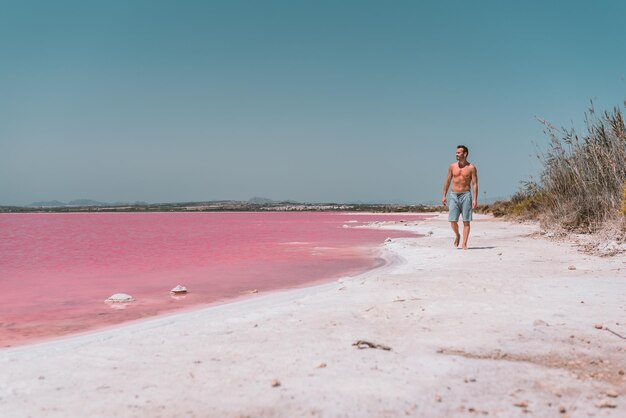 Hombre caminando por la playa cerca del mar rosa