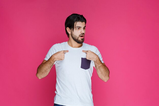 El hombre con una camisa blanca apuntando a sí mismo y parece sorprendido.