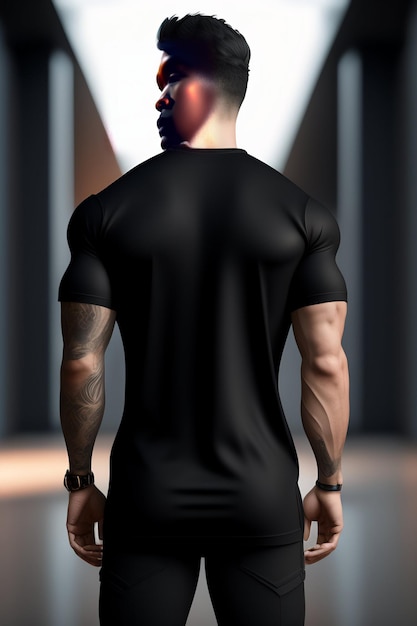 Foto gratuita un hombre con una camisa negra que dice 't - shirt' on it