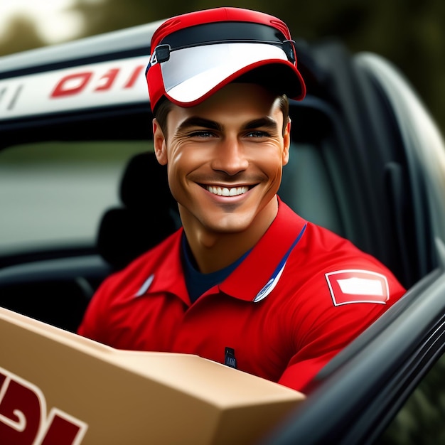 Foto gratuita un hombre con una camisa roja y un sombrero sostiene una caja que dice correo.